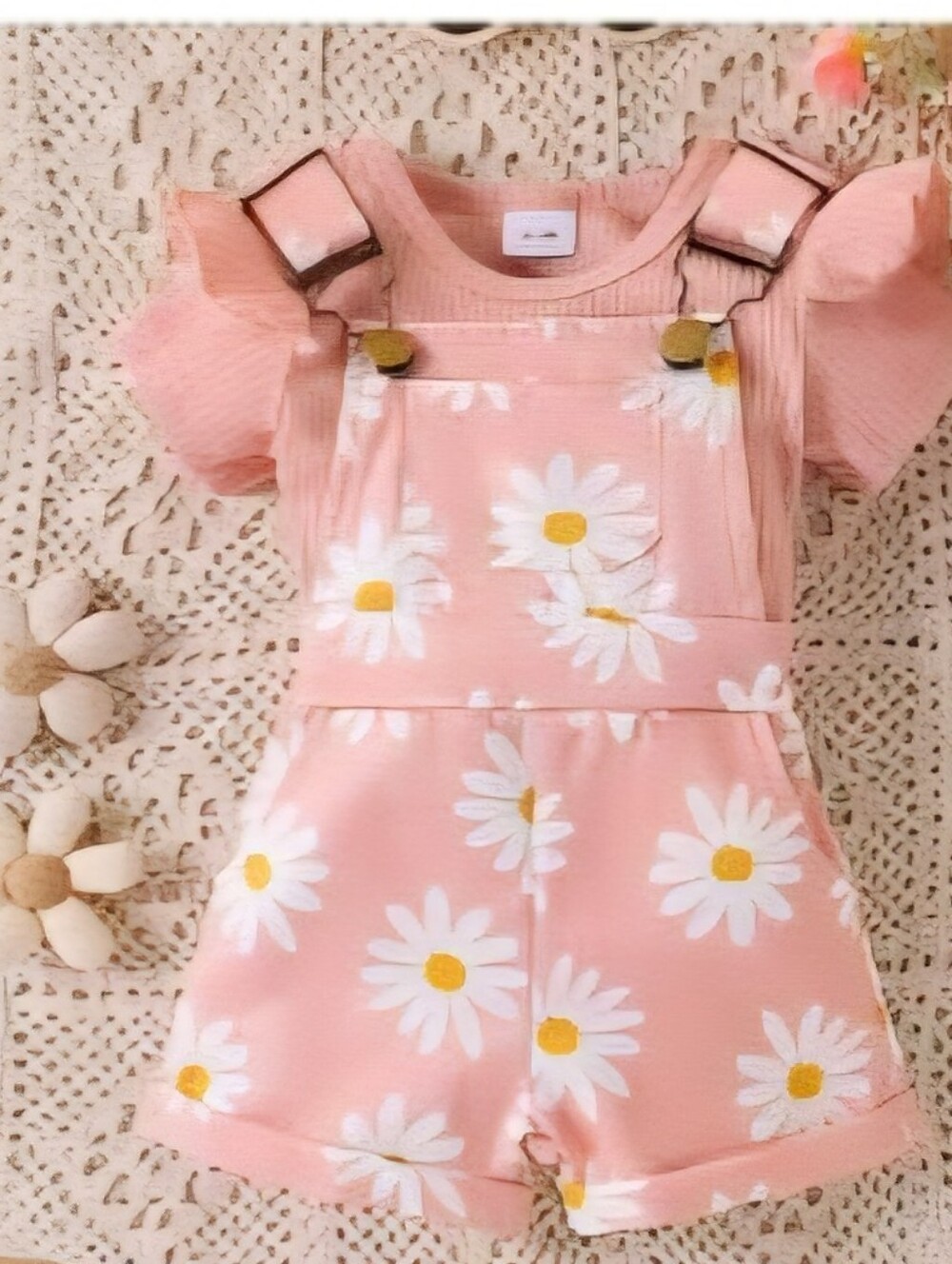 Pink Daisy Print Girls' Short Overalls,  Size 2-3Y